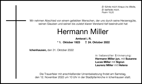 Traueranzeige von Hermann Miller von Günzburger Zeitung