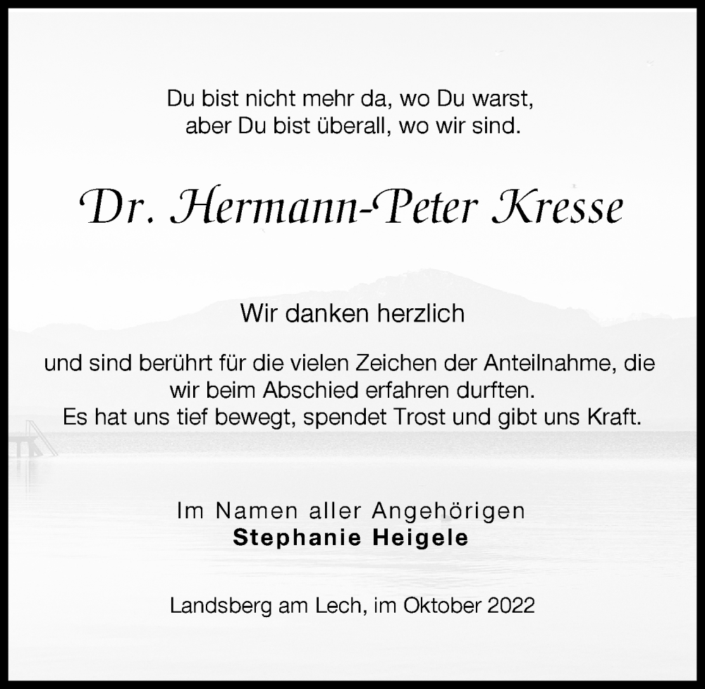  Traueranzeige für Hermann-Peter Kresse vom 28.10.2022 aus Landsberger Tagblatt