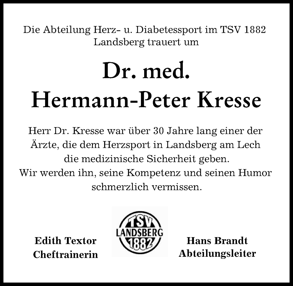  Traueranzeige für Hermann-Peter Kresse vom 21.10.2022 aus Landsberger Tagblatt