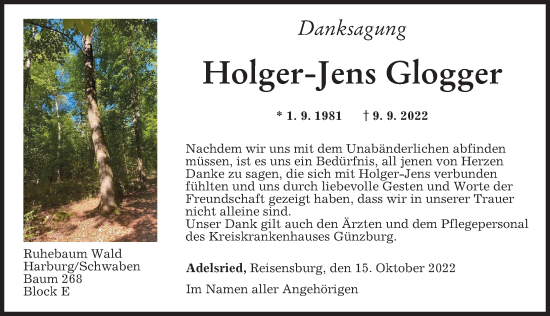 Traueranzeige von Holger-Jens Glogger von Donau Zeitung, Augsburg-Land, Augsburger Allgemeine, Günzburger Zeitung