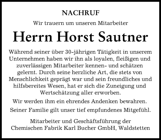 Traueranzeige von Horst Sautner von Mittelschwäbische Nachrichten, Günzburger Zeitung
