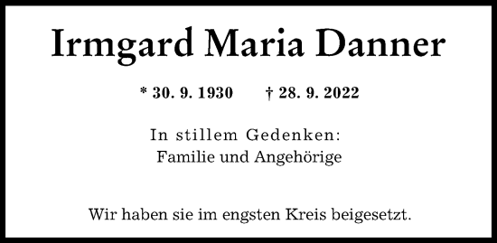 Traueranzeige von Irmgard Maria Danner von Günzburger Zeitung