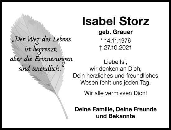 Traueranzeige von Isabel Storz von Illertisser Zeitung