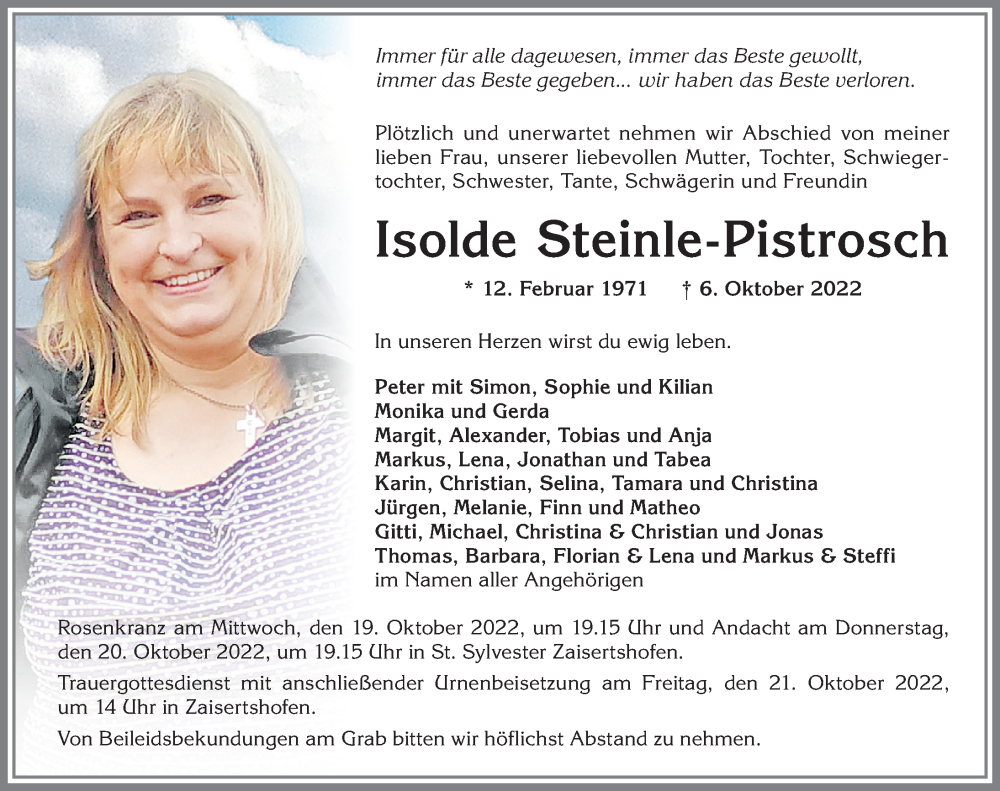  Traueranzeige für Isolde Steinle-Pistrosch vom 15.10.2022 aus Mindelheimer Zeitung
