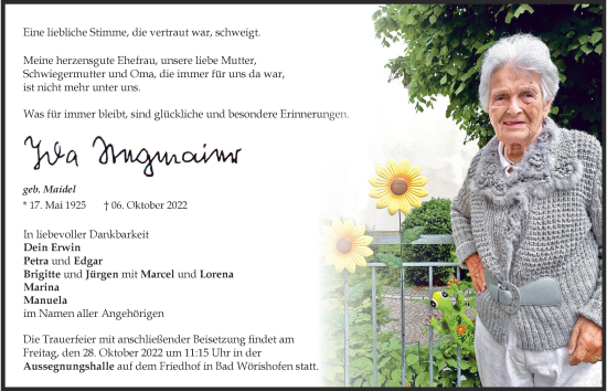 Traueranzeige von Ida Stegmaier von Mindelheimer Zeitung
