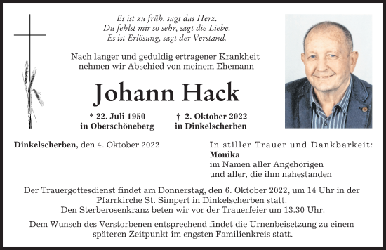 Traueranzeige von Johann Hack von Augsburger Allgemeine