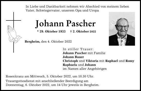 Traueranzeige von Johann Pascher von Neuburger Rundschau