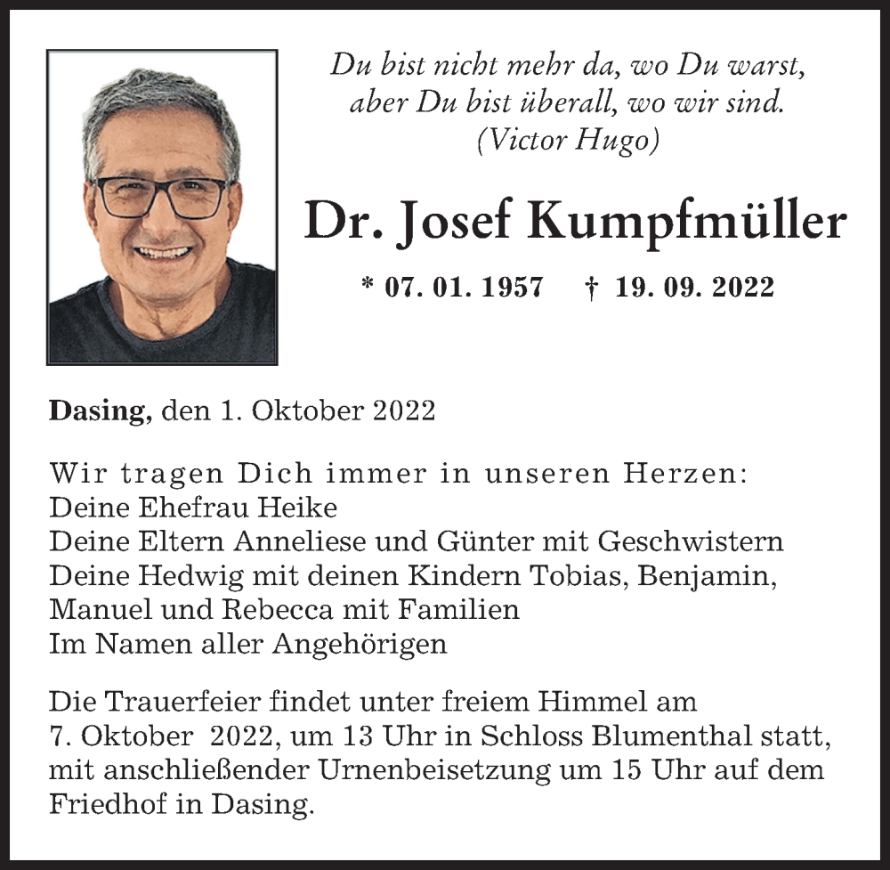  Traueranzeige für Josef Kumpfmüller vom 01.10.2022 aus Augsburger Allgemeine