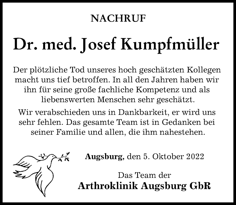  Traueranzeige für Josef Kumpfmüller vom 05.10.2022 aus Augsburger Allgemeine