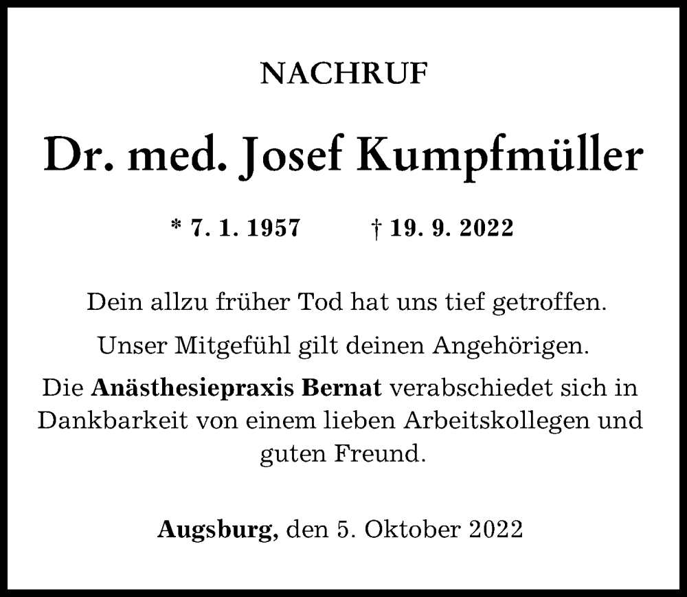  Traueranzeige für Josef Kumpfmüller vom 05.10.2022 aus Augsburger Allgemeine