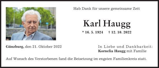 Traueranzeige von Karl Haugg von Günzburger Zeitung