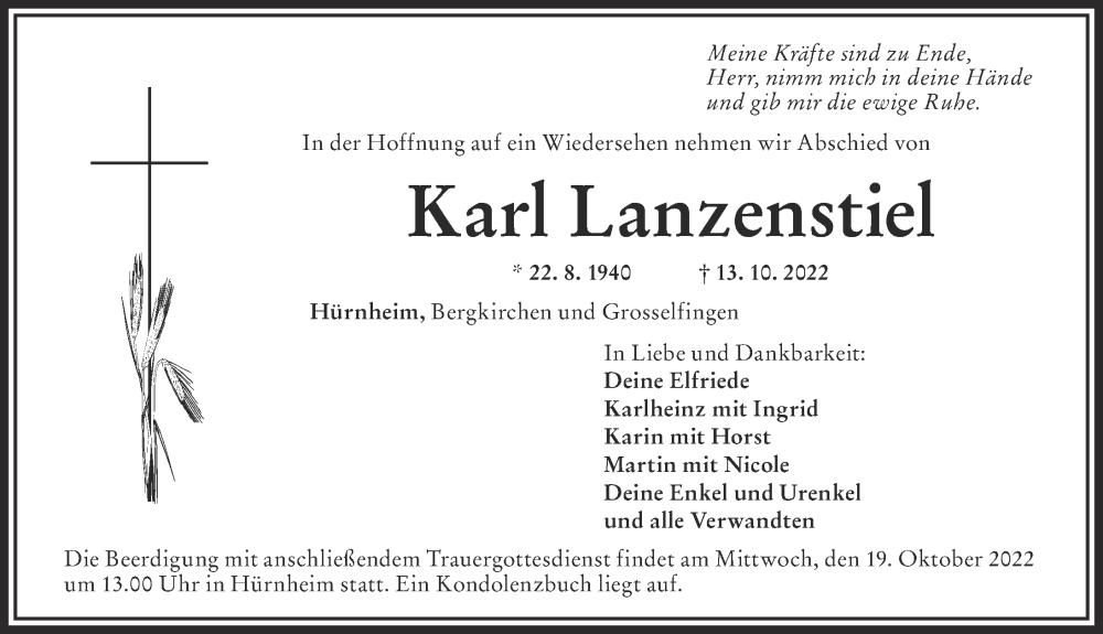  Traueranzeige für Karl Lanzenstiel vom 17.10.2022 aus Rieser Nachrichten