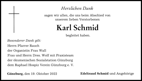 Traueranzeige von Karl Schmid von Günzburger Zeitung