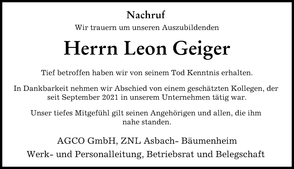  Traueranzeige für Leon Geiger vom 28.10.2022 aus Rieser Nachrichten