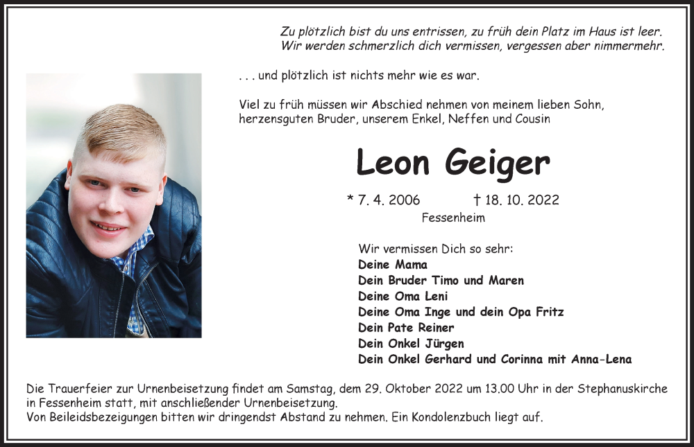  Traueranzeige für Leon Geiger vom 27.10.2022 aus Rieser Nachrichten