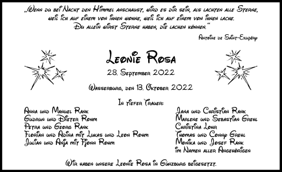 Traueranzeige von Leonie Rosa  von Günzburger Zeitung