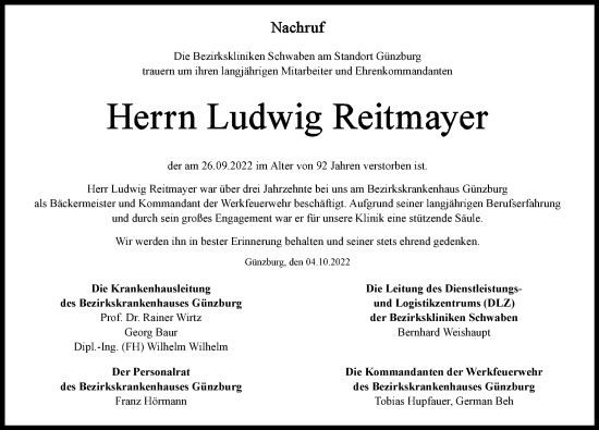 Traueranzeige von Ludwig Reitmayer von Günzburger Zeitung