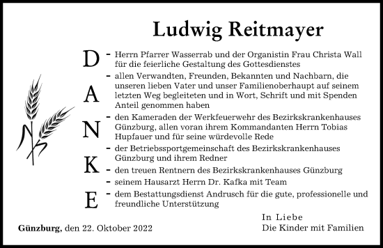 Traueranzeige von Ludwig Reitmayer von Günzburger Zeitung