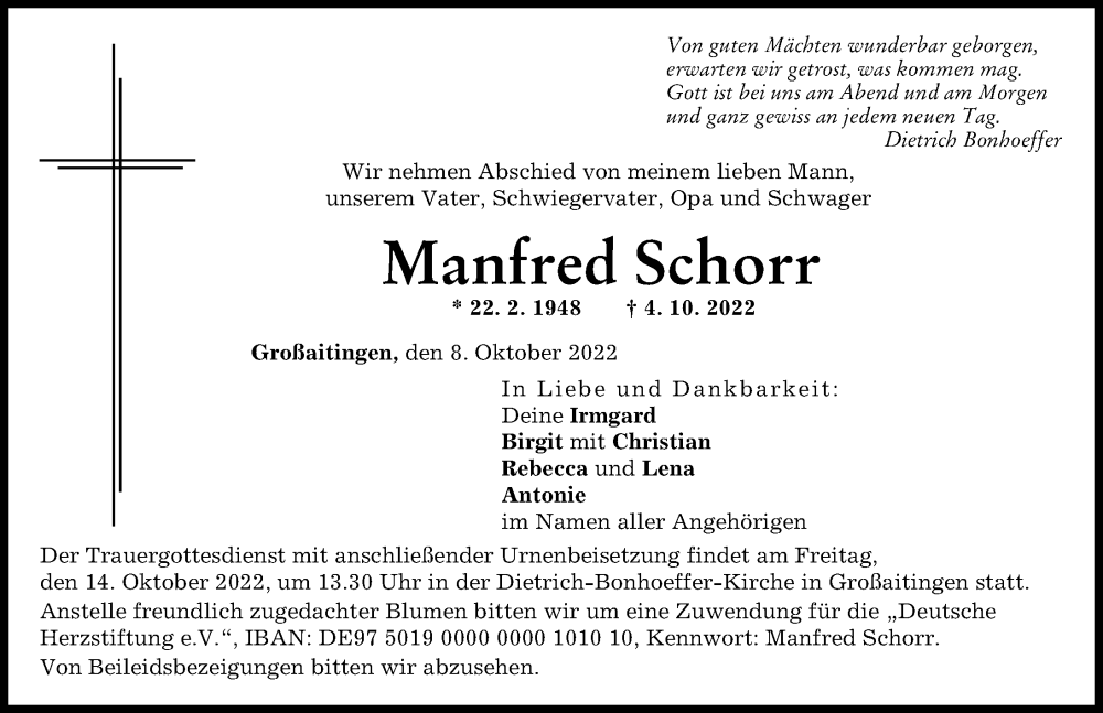  Traueranzeige für Manfred Schorr vom 08.10.2022 aus Schwabmünchner Allgemeine