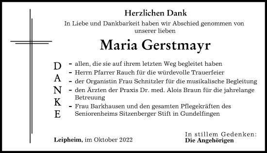 Traueranzeige von Maria Gerstmayr von Donau Zeitung