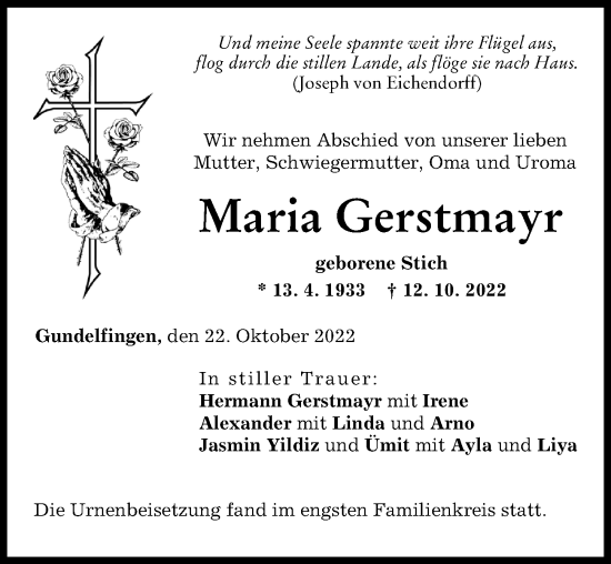Traueranzeige von Maria Gerstmayr von Donau Zeitung