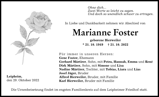 Traueranzeige von Marianne Foster von Günzburger Zeitung
