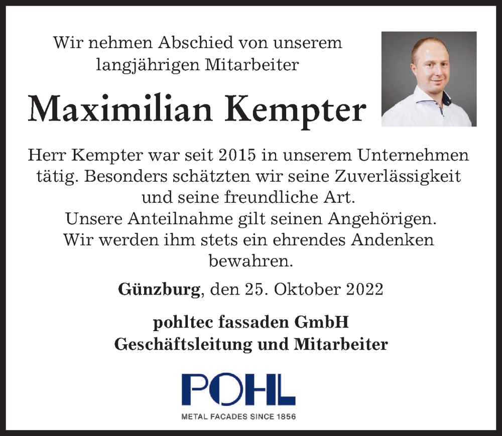  Traueranzeige für Maximilian Kempter vom 25.10.2022 aus Günzburger Zeitung