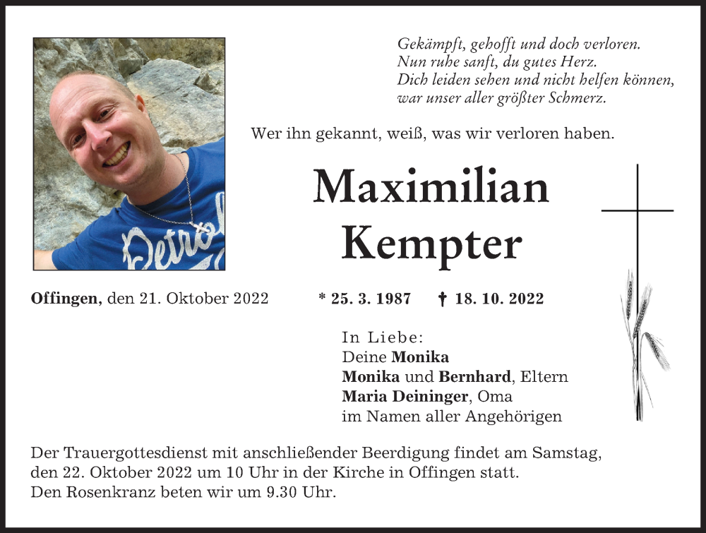  Traueranzeige für Maximilian Kempter vom 21.10.2022 aus Günzburger Zeitung