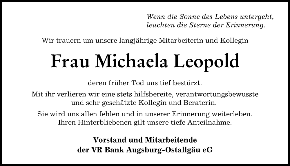  Traueranzeige für Michaela Leopold vom 19.10.2022 aus Augsburger Allgemeine