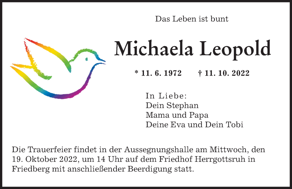  Traueranzeige für Michaela Leopold vom 15.10.2022 aus Friedberger Allgemeine, Augsburger Allgemeine
