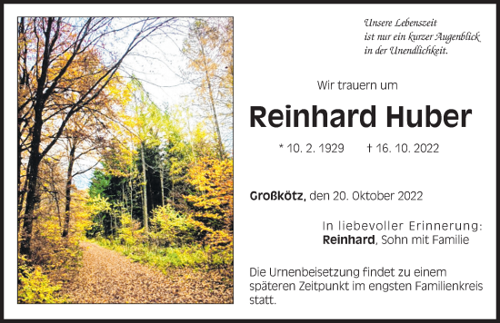Traueranzeige von Reinhard Huber von Günzburger Zeitung