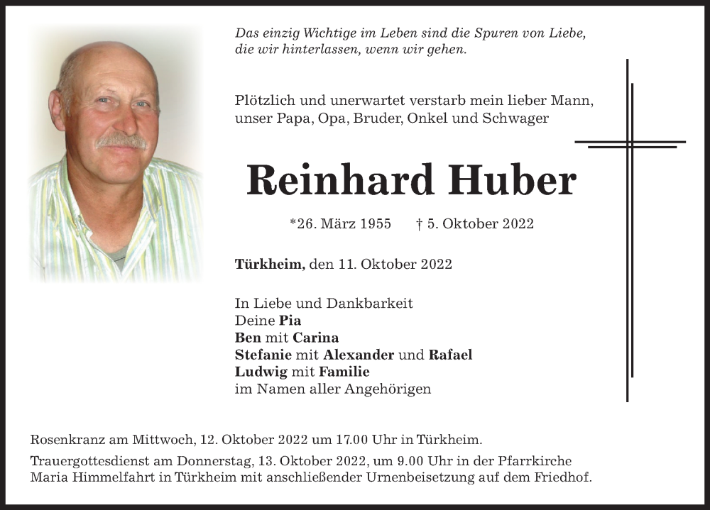  Traueranzeige für Reinhard Huber vom 11.10.2022 aus Mindelheimer Zeitung