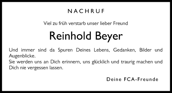 Traueranzeige von Reinhold Beyer von Mindelheimer Zeitung