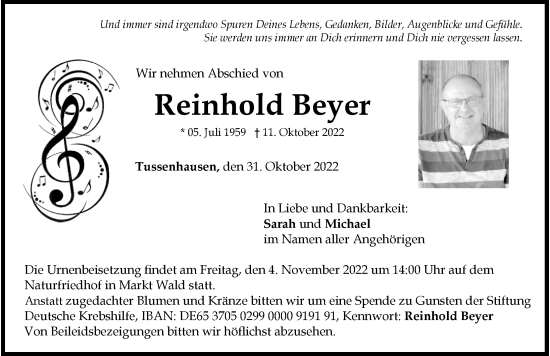 Traueranzeige von Reinhold Beyer von Mindelheimer Zeitung