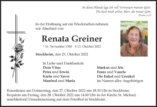 Traueranzeige von Renata Greiner von Mindelheimer Zeitung