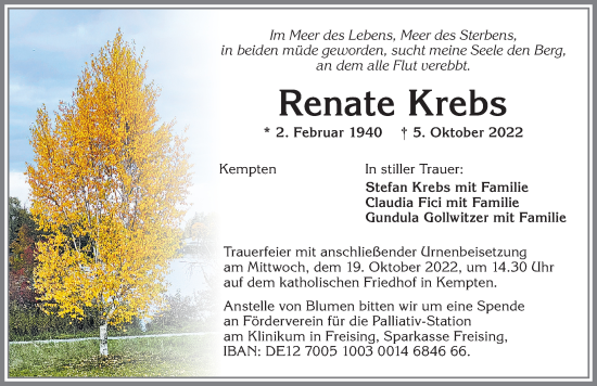 Traueranzeige von Renate Krebs von Augsburger Allgemeine