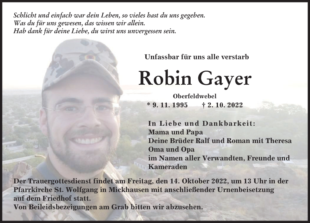  Traueranzeige für Robin Gayer vom 08.10.2022 aus Augsburger Allgemeine, Schwabmünchner Allgemeine