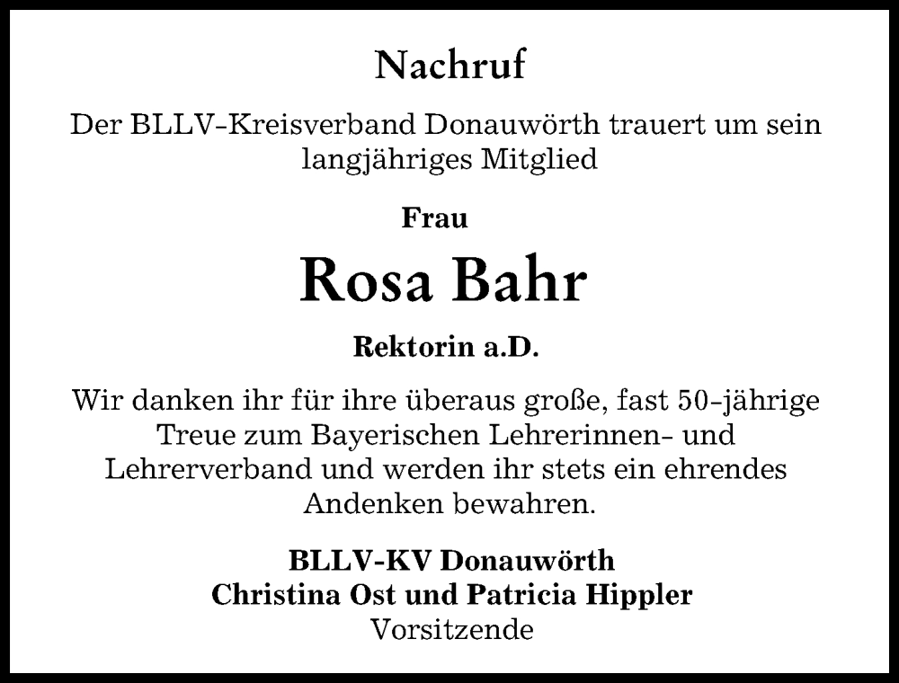  Traueranzeige für Rosa Bahr vom 07.10.2022 aus Donauwörther Zeitung