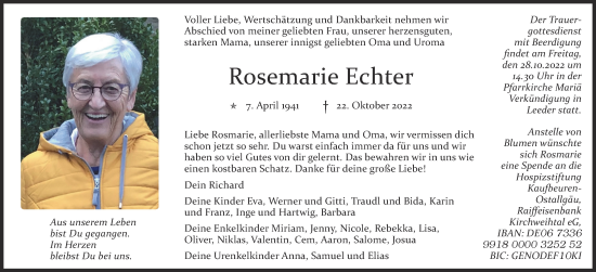 Traueranzeige von Rosemarie Echter von Landsberger Tagblatt