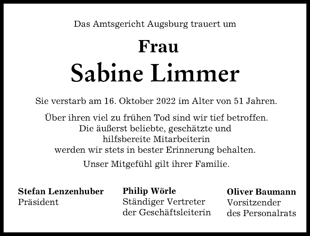  Traueranzeige für Sabine Limmer vom 19.10.2022 aus Augsburger Allgemeine