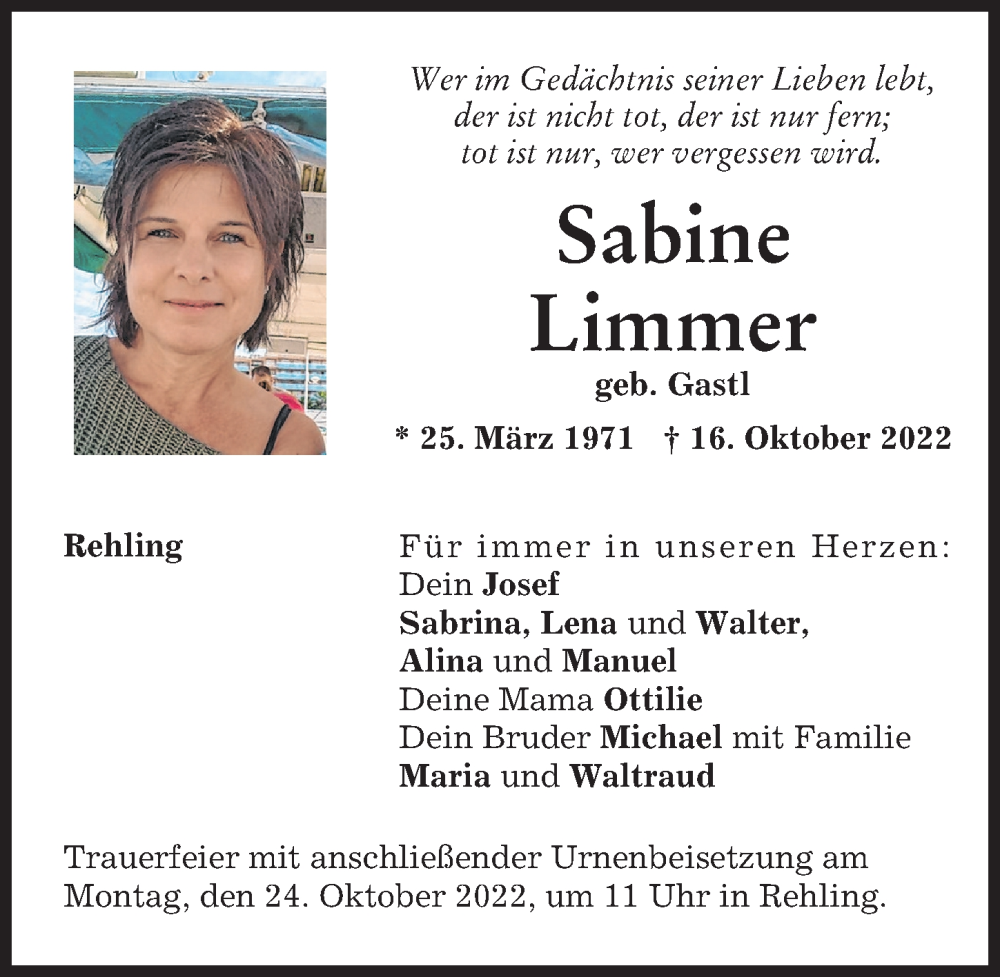  Traueranzeige für Sabine Limmer vom 19.10.2022 aus Augsburger Allgemeine