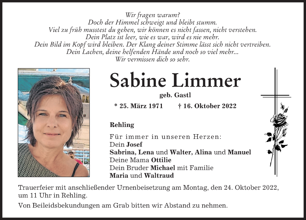  Traueranzeige für Sabine Limmer vom 19.10.2022 aus Aichacher Nachrichten