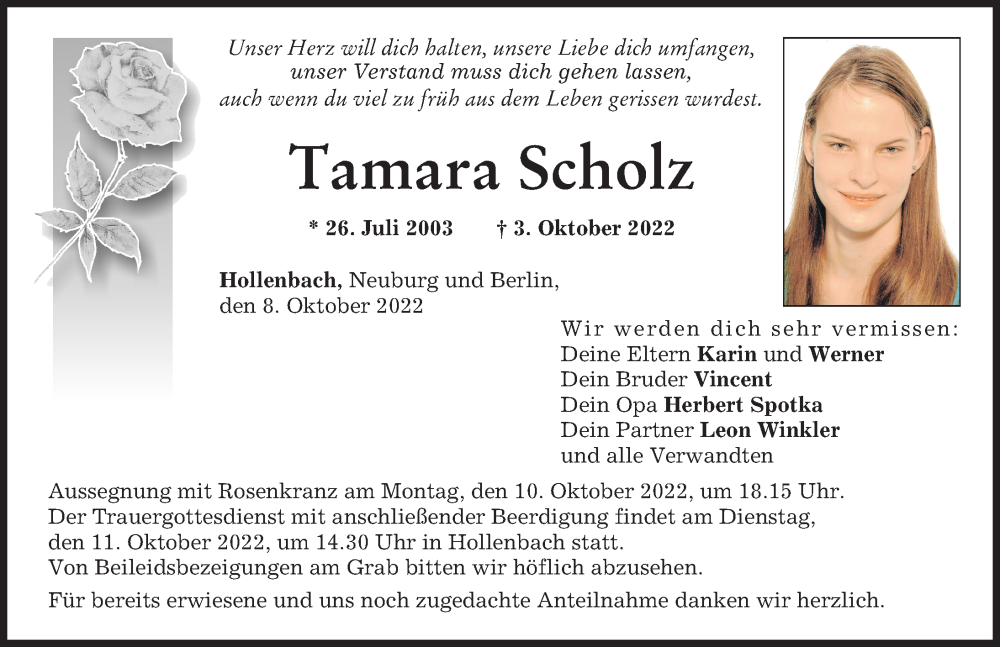  Traueranzeige für Tamara Scholz vom 08.10.2022 aus Neuburger Rundschau