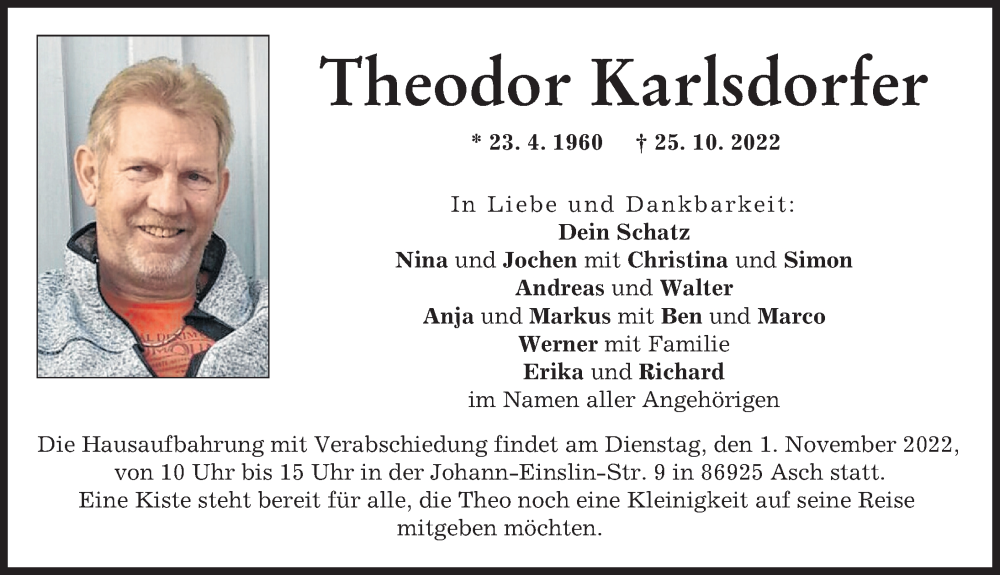  Traueranzeige für Theodor Karlsdorfer vom 29.10.2022 aus Landsberger Tagblatt