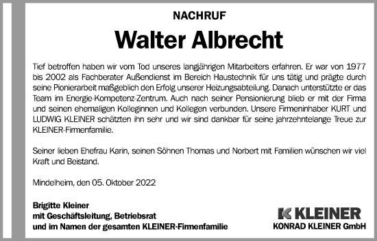Traueranzeige von Walter Albrecht von Mindelheimer Zeitung