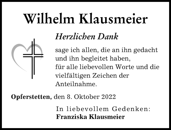 Traueranzeige von Wilhelm Klausmeier von Günzburger Zeitung