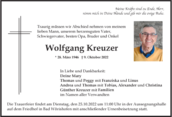 Traueranzeige von Wolfgang Kreuzer von Mindelheimer Zeitung