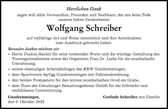 Traueranzeige von Wolfgang Schreiber von Günzburger Zeitung