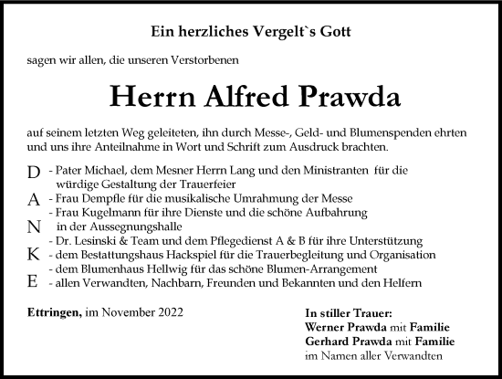 Traueranzeige von Alfred Prawda von Mindelheimer Zeitung