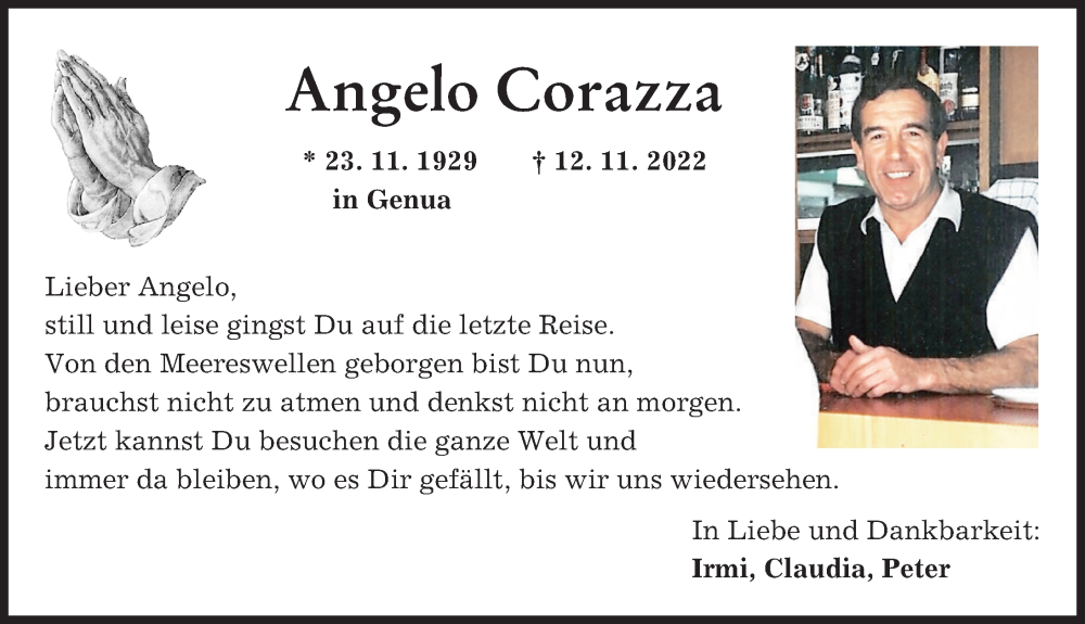  Traueranzeige für Angelo Corazza vom 16.11.2022 aus Mindelheimer Zeitung